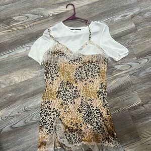 0518 Pamplemousse leopard print silk dress w/ White Top attached sz S(34)